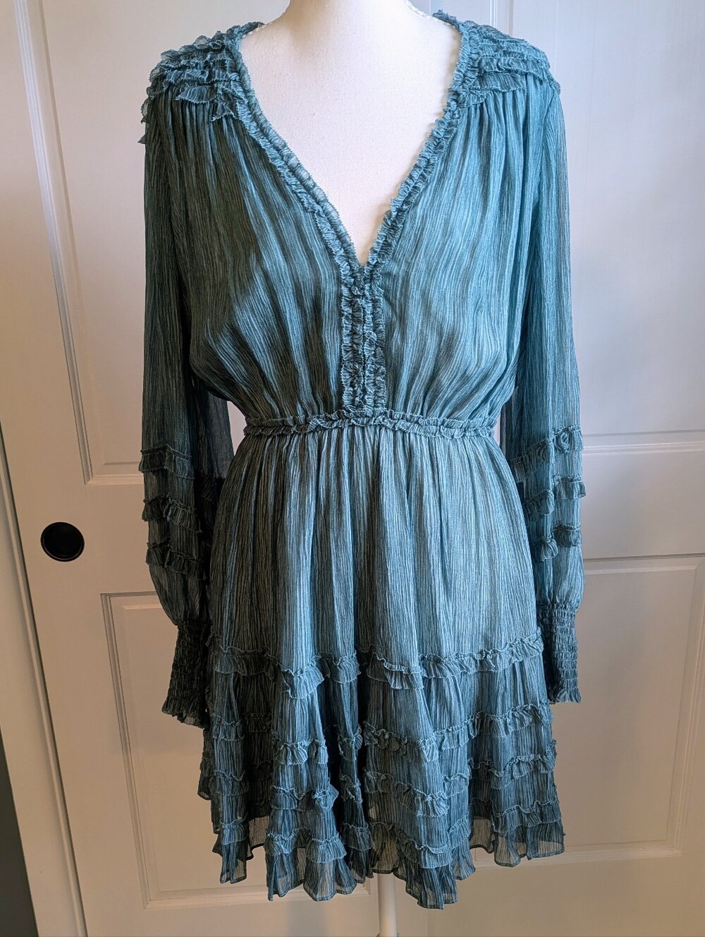 Ulla Johnson Ruffle V-Neck Long Sleeve Silk Dress